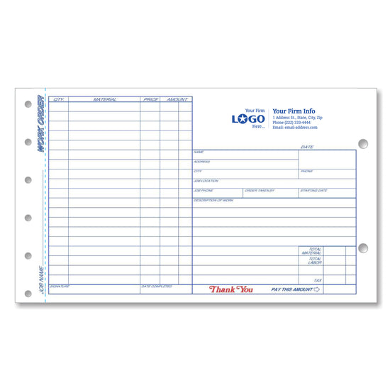 Job Work Order, Side Stub, 8 1/2 X 5 2/3"