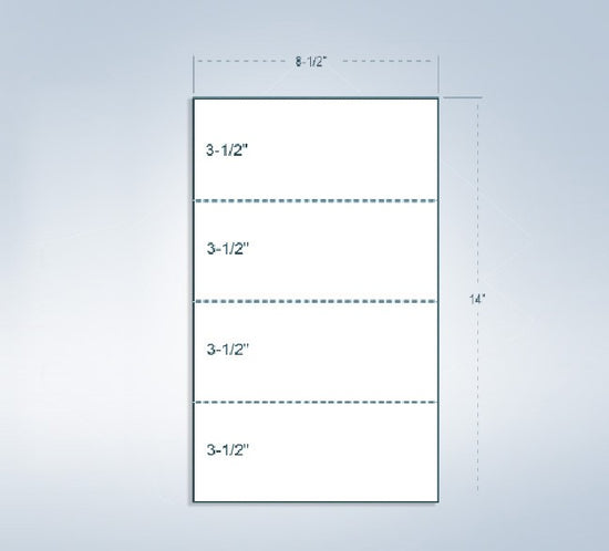 8-1/2 x 14" 24# Laser cut sheet, 3 Horizontal perf at 3-1/2", 5-1/2" & 10-1/2" from bottom, White