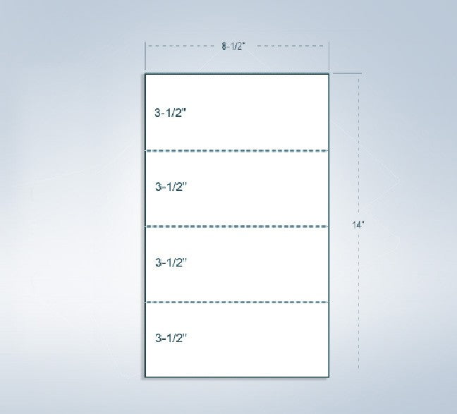8-1/2 x 14" 24# Laser cut sheet, 3 Horizontal perf at 3-1/2", 5-1/2" & 10-1/2" from bottom, White