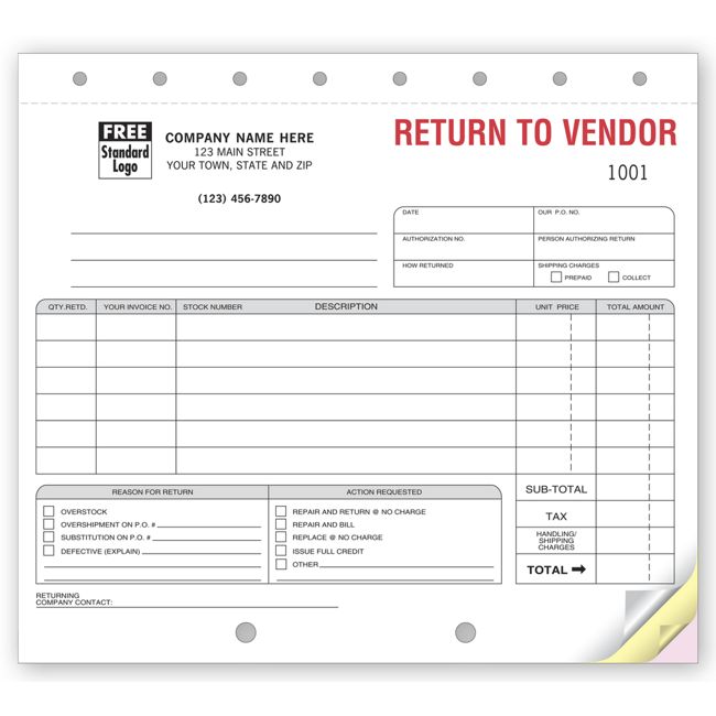 Return to Vendor Form,  8 1/2 X 7"
