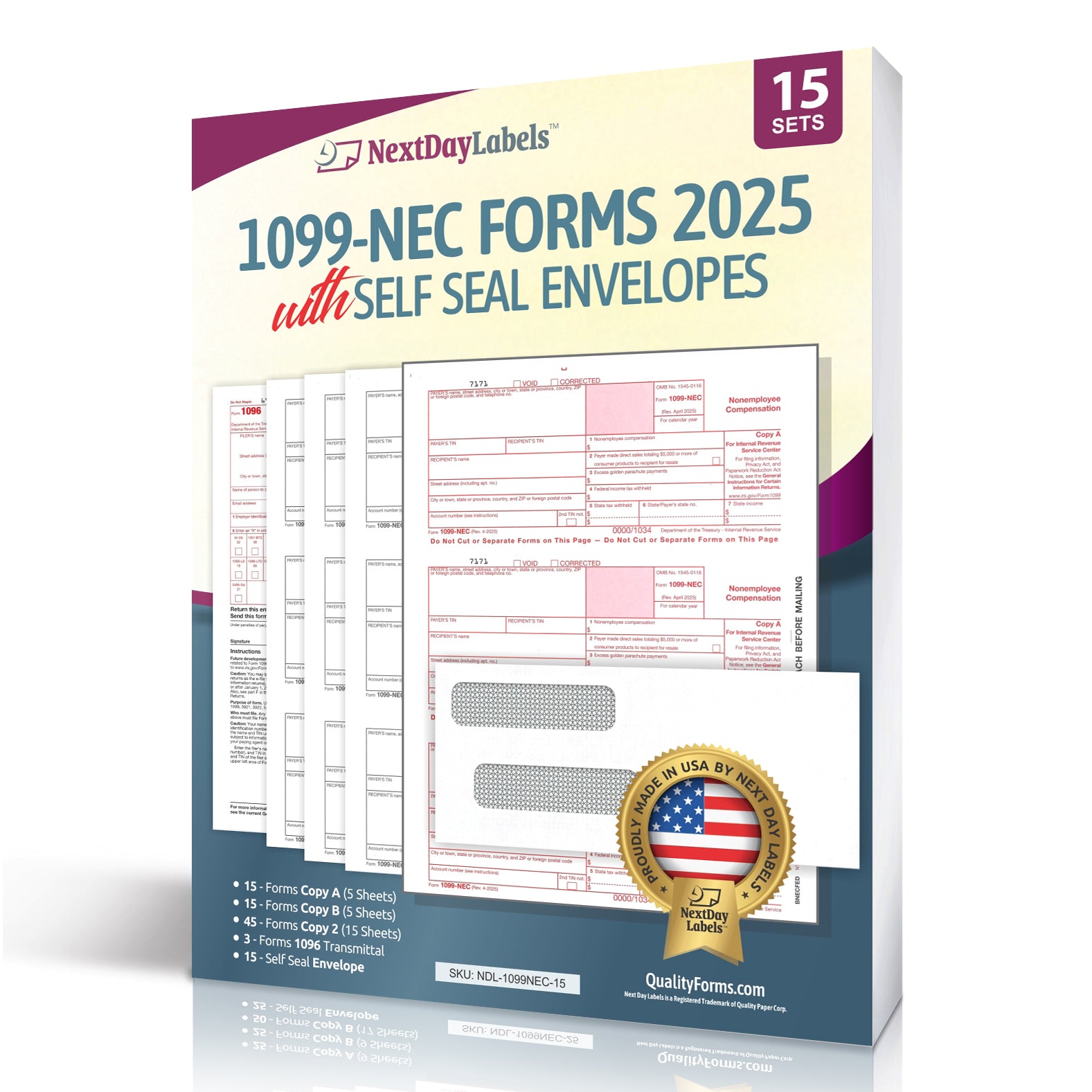 "New" 1099-NEC Forms for 2025, 4-Part  Tax Forms,  vendor kit of 15 Forms & Envelopes.