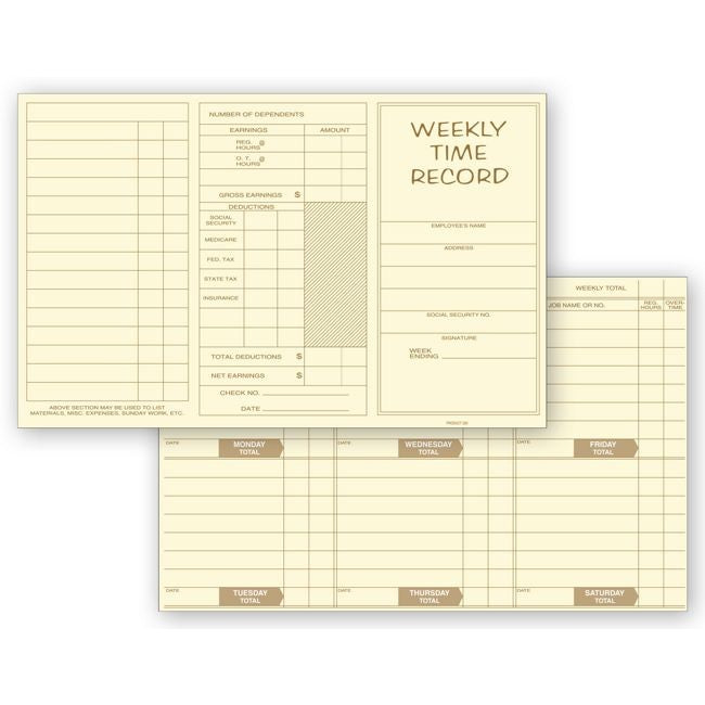 Pocket Size Weekly Time Cards, 8 x 5", Manila