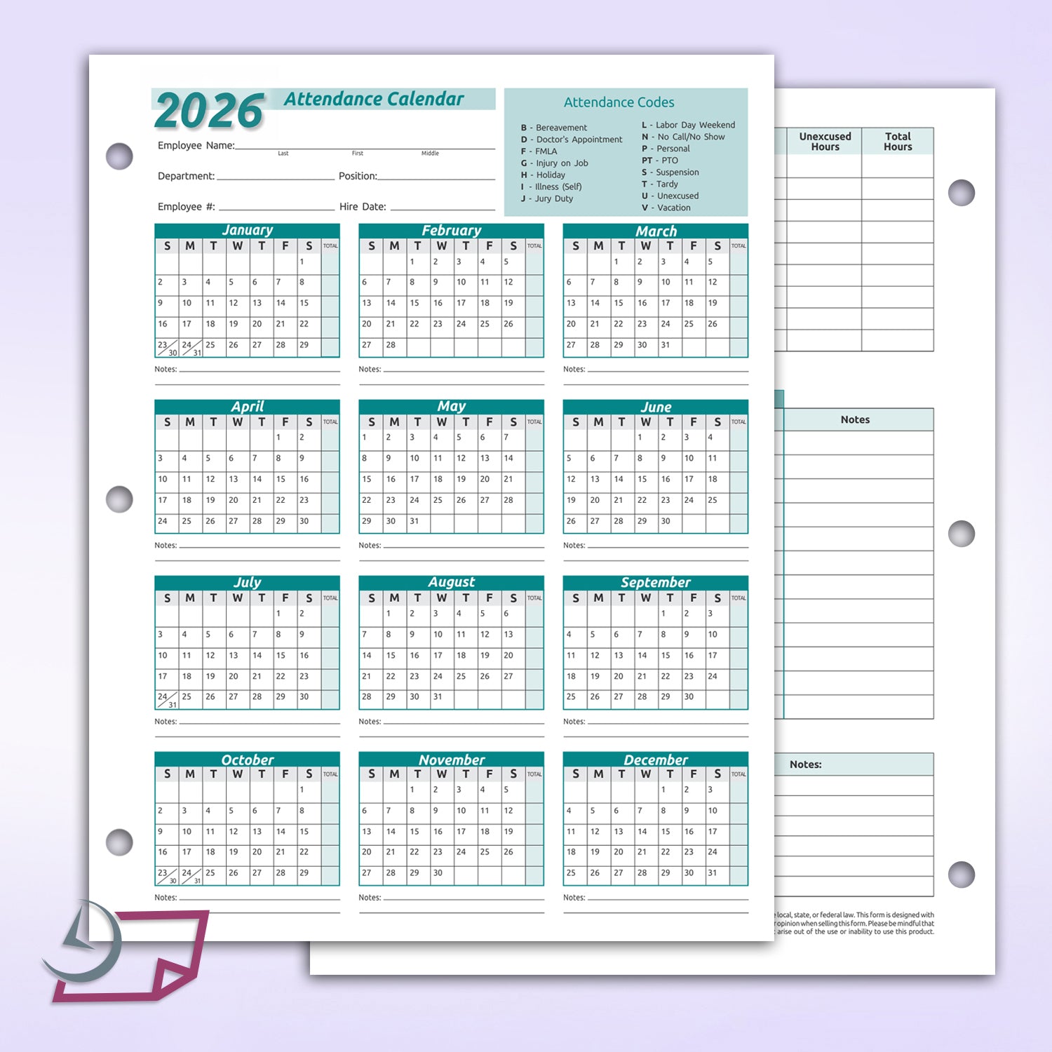 Work Tracker Attendance Calendar Cards 8 ½ X 11