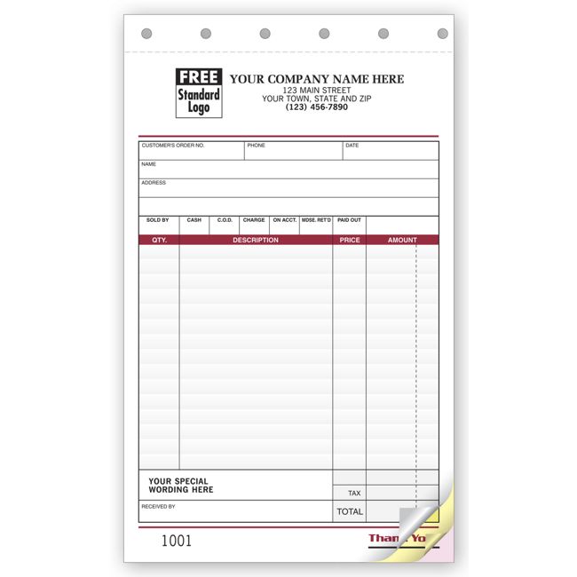 5-2/3 X 8-1/2" Sales Slips Image, Large Available in 2 or 3 Parts