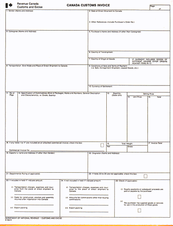 9-1/2 x 11" 4 Part Continuous Canada Customs Invoice