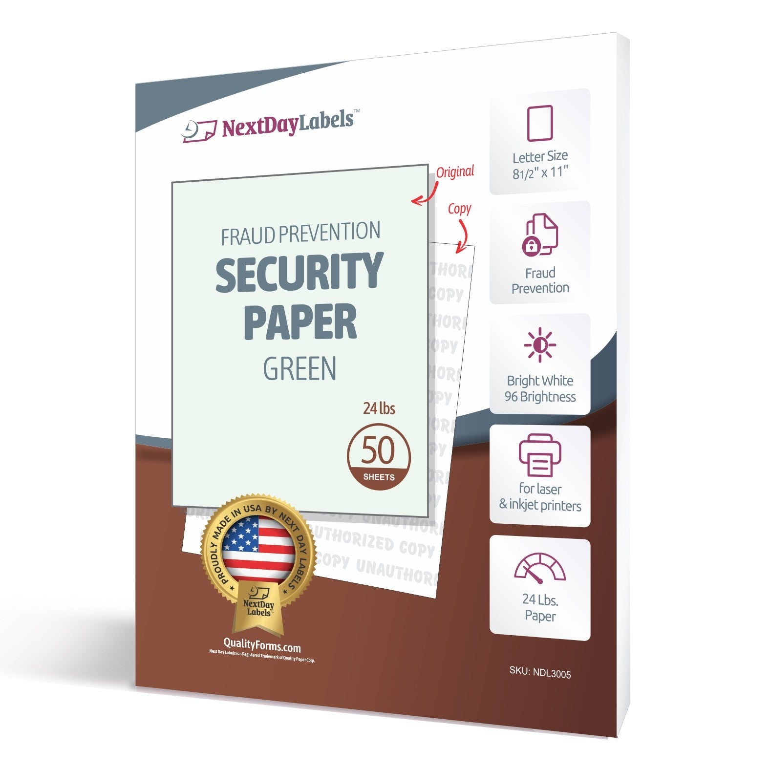 8-1/2" x 11" Security Paper, Unauthorized Pantograph, 1 Part, Light Green