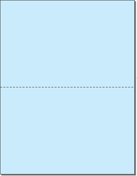 8-1/2 x 11" 20# Laser cut sheet, 1 Horizontal perf at 5-1/2" Blue