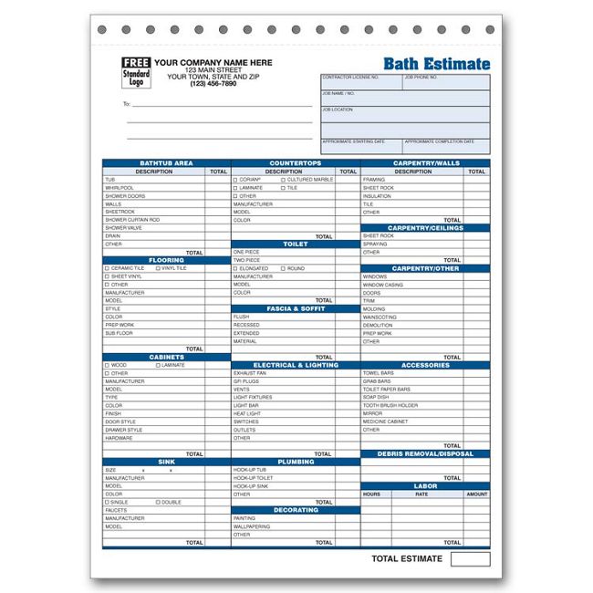 Bath Estimates, 8 1/2 X 11"
