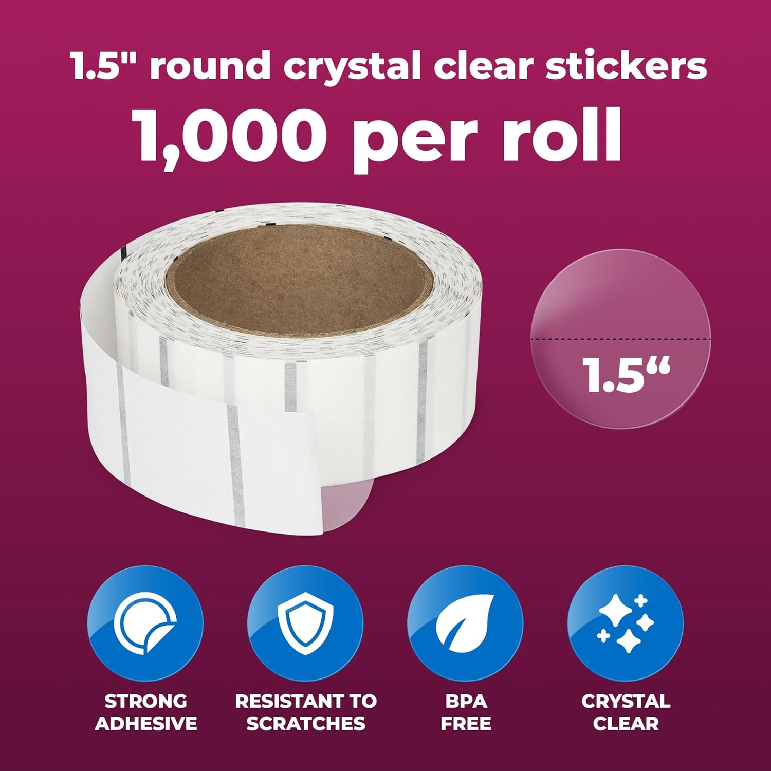 1.5" Round Clear Wafer Seals, Super Gloss, for Small Boxes & Envelopes