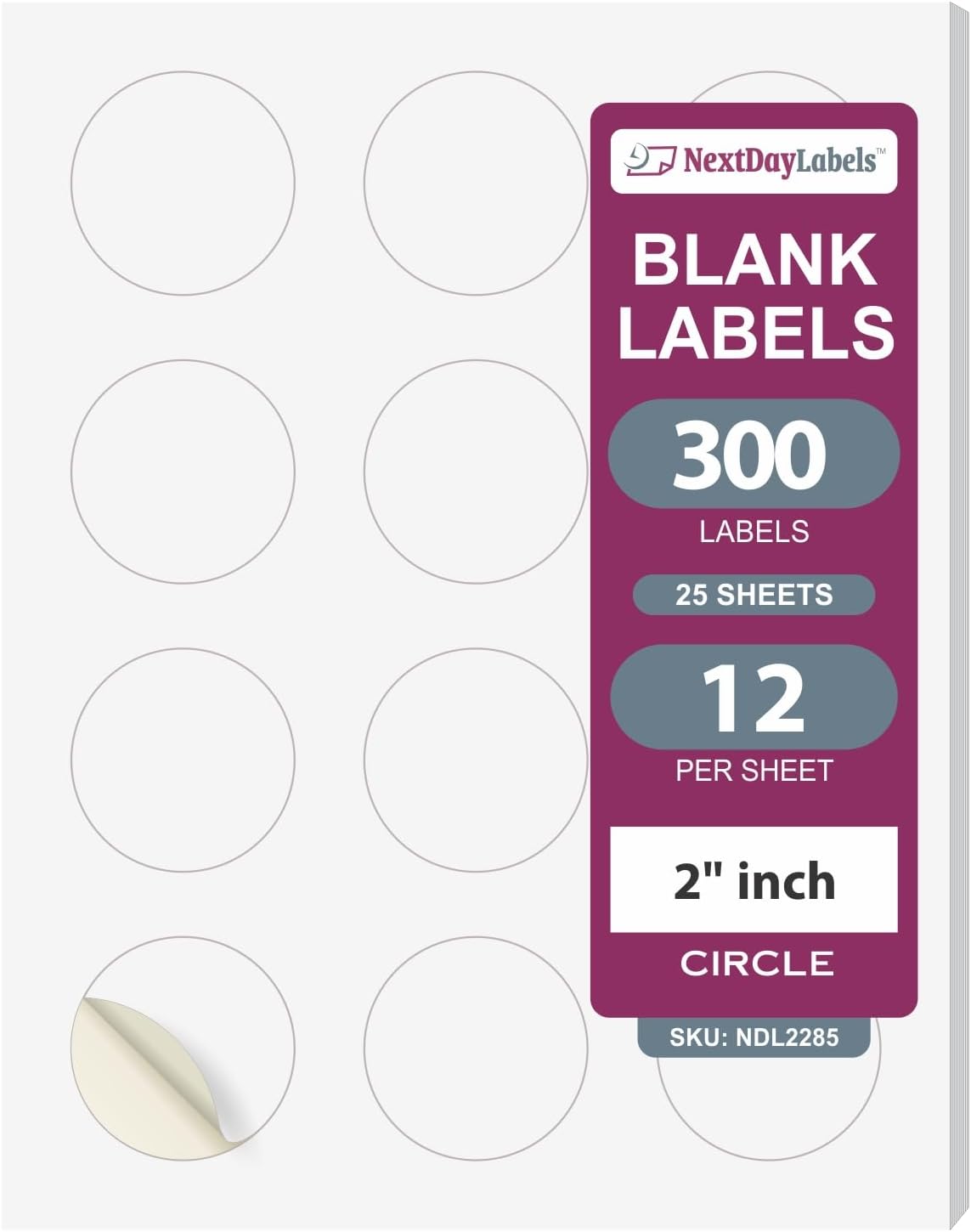 8-1/2" x 11" White Laser Labels, 12 Labels per Sheet, 2" Round for Bleeds.