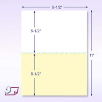 8-1/2 x 11" 20# Laser cut sheet, 1 Horizontal perf at 5-1/2" White & Canary