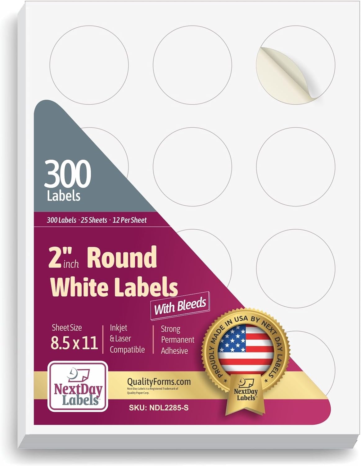 8-1/2" x 11" White Laser Labels, 12 Labels per Sheet, 2" Round for Bleeds.