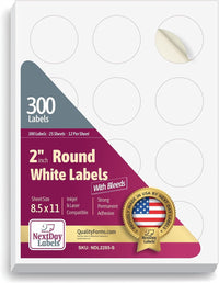 8-1/2" x 11" White Laser Labels, 12 Labels per Sheet, 2" Round for Bleeds.