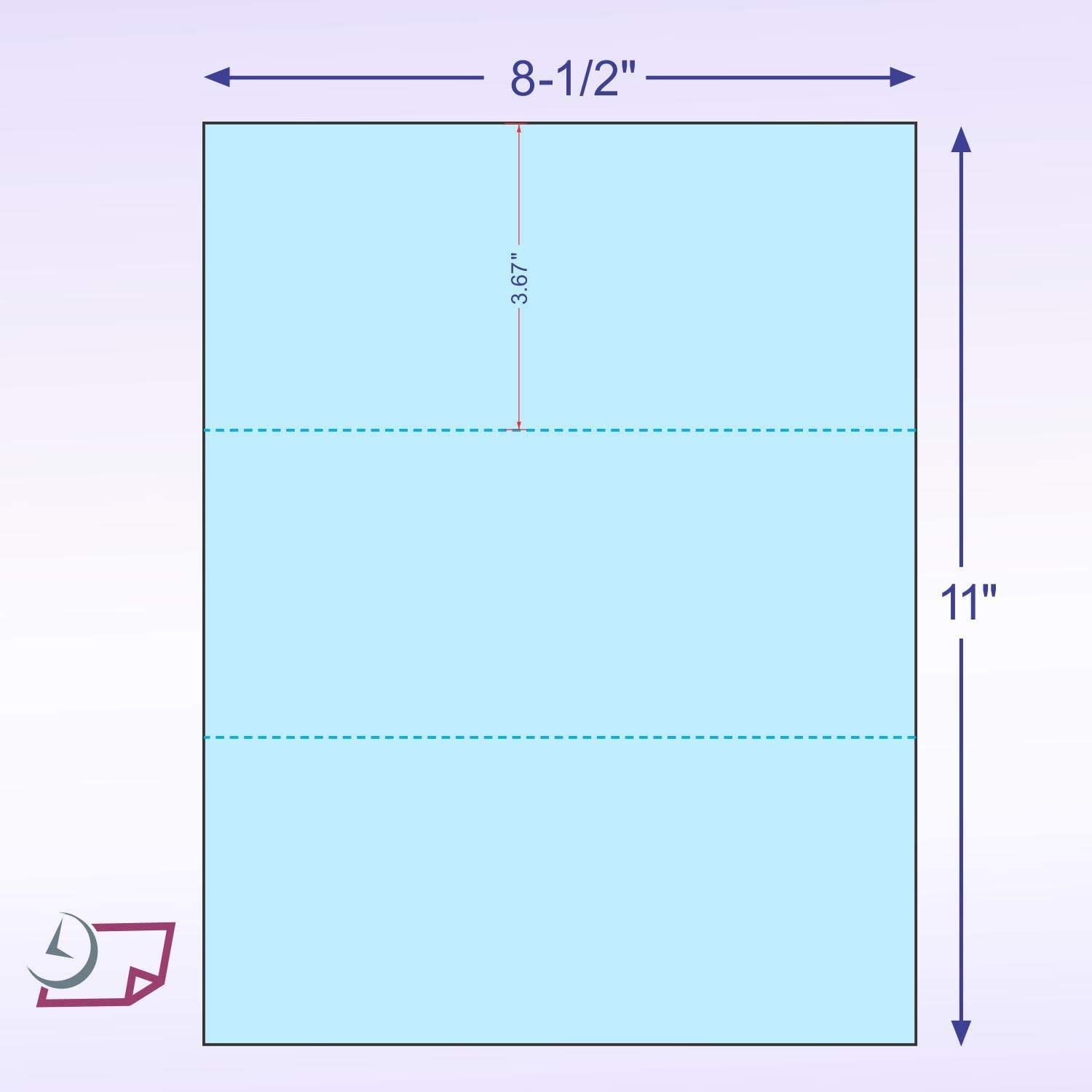 8-1/2 x 11" 20# Laser cut sheet, 2 Horizontal perf at 3-2/3" & 7-1/3" Blue