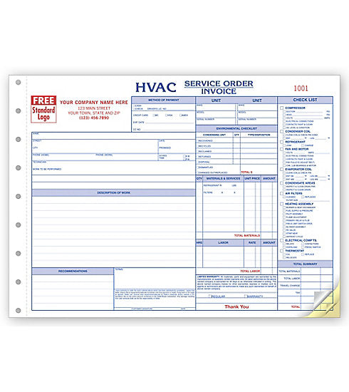 HVAC Service Work Order,  Horizontal, Form and invoice