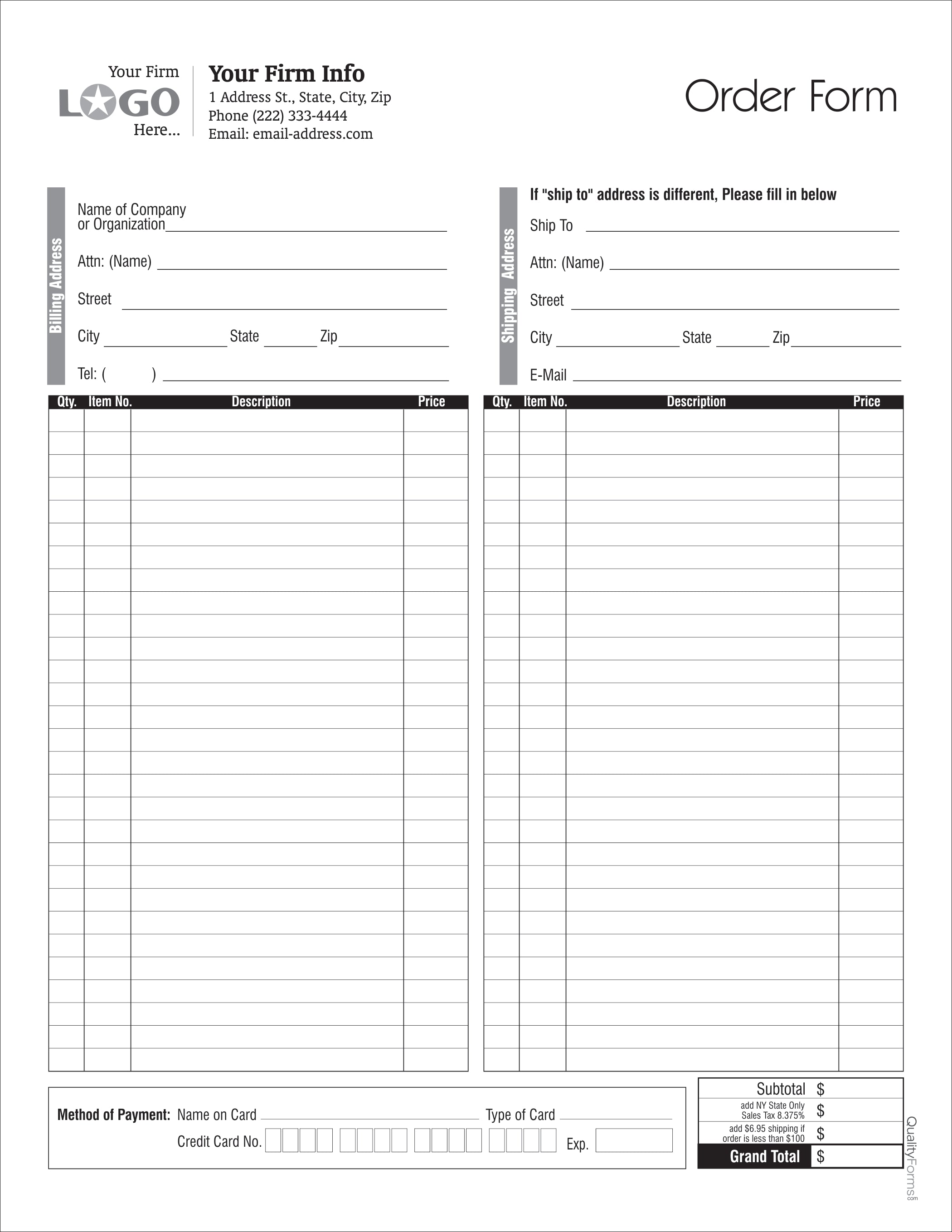 Order Entry Form, space for credit card info.,Style # 1