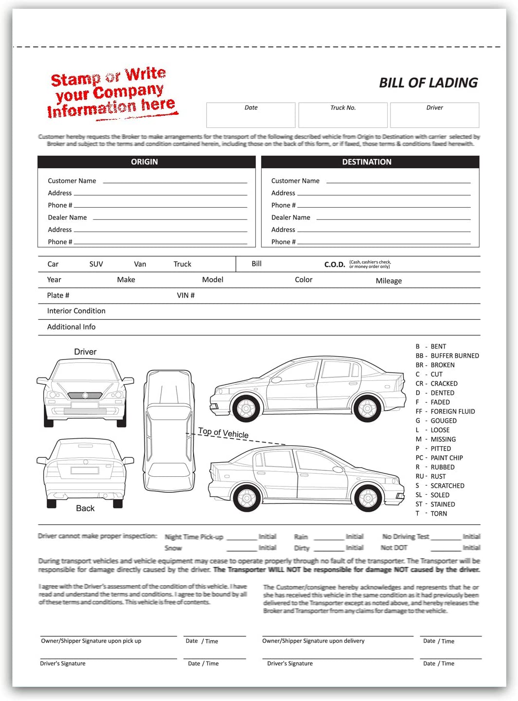Auto Transport  Bill of Lading with 1 Car , No name Printed