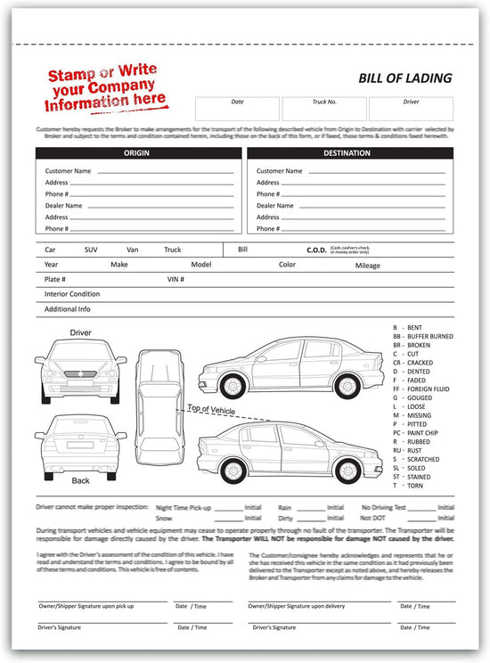 Auto Transport  Bill of Lading with 1 Car , No name Printed