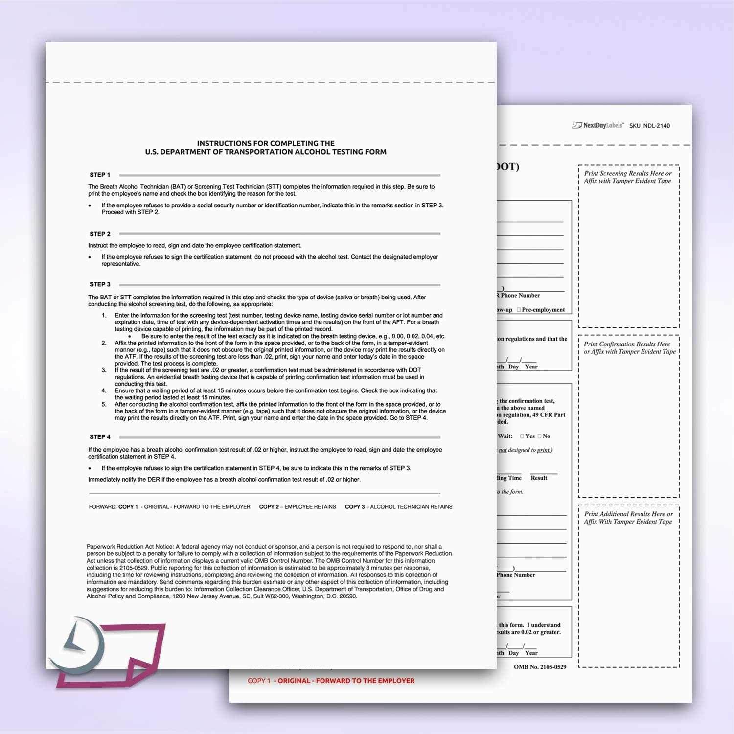 Pack of 100 Sets 3 Part Department of Transportation (DOT) Alcohol Testing Form