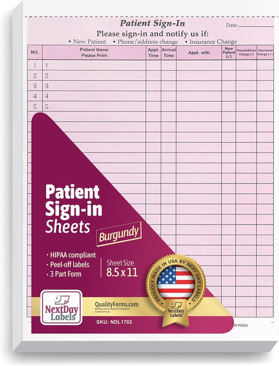 8-1/2 x 11" Patient Sign In Form, 2-Part NCR Carbonless, Burgundy