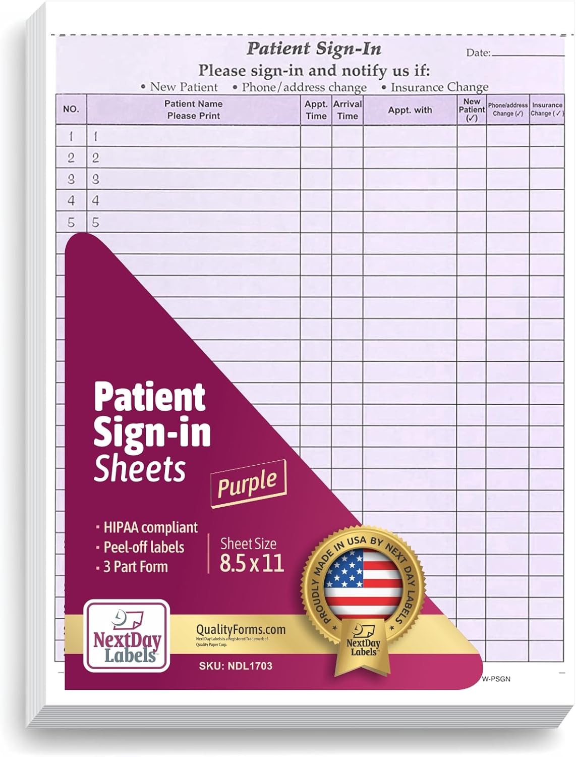 8-1/2 x 11" Patient Sign In Form, 2-Part NCR Carbonless, Purple
