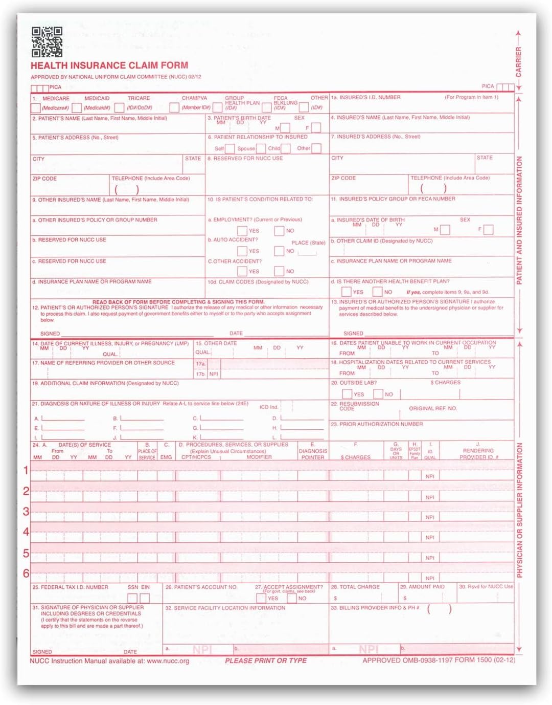 8-1/2" x11" CMS HCFA 1500, Laser Format