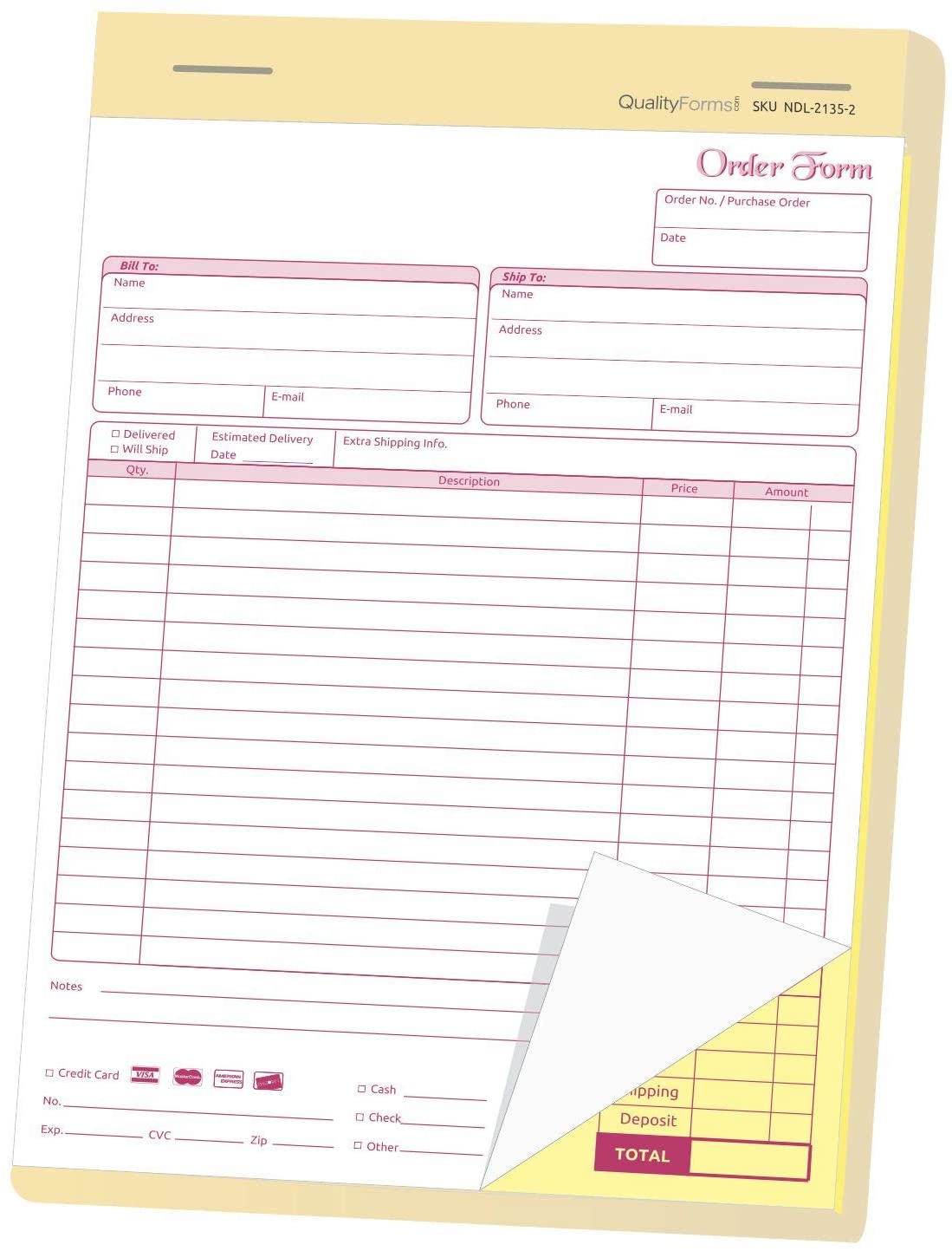 8-1/2 x 11" Carbonless 2 Part Order Forms, Bound Wraparound Cover, White/Canary, 50 Sets per Book.