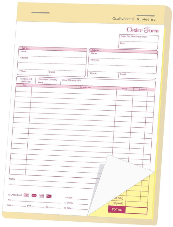 8-1/2 x 11" Carbonless 2 Part Order Forms, Bound Wraparound Cover, White/Canary, 50 Sets per Book.