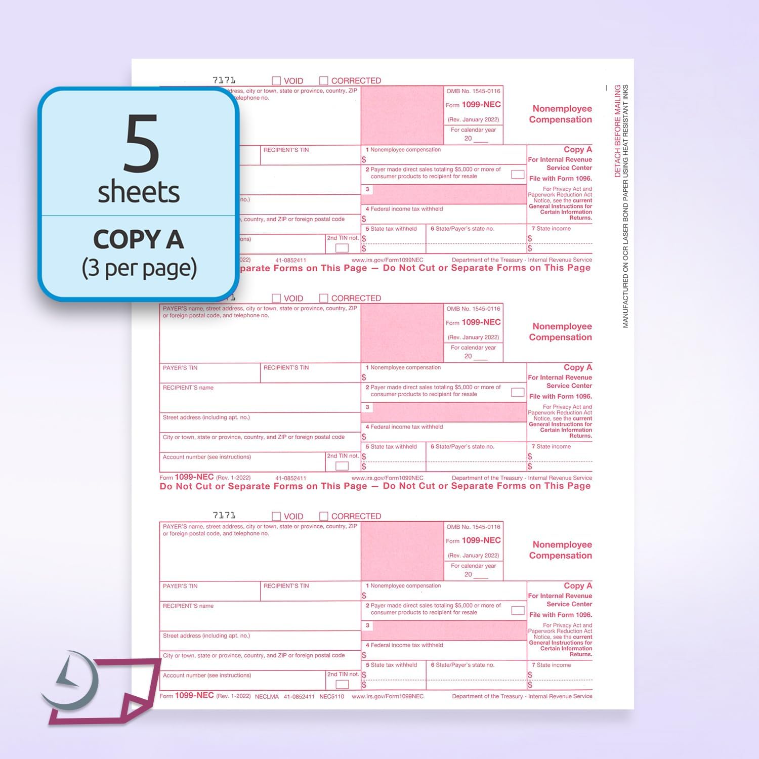"New" 1099-NEC Forms for 2025, 4-Part  Tax Forms,  vendor kit of 15 Forms & Envelopes.