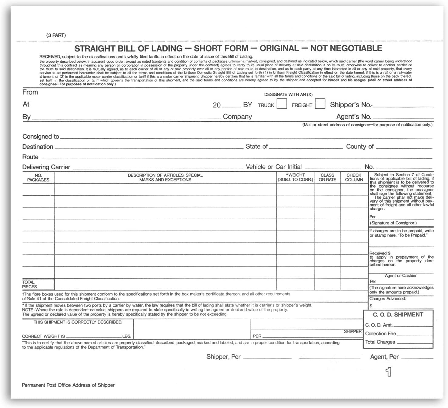 Short Form, Straight Bill of Lading, Blank NO Company Imprint