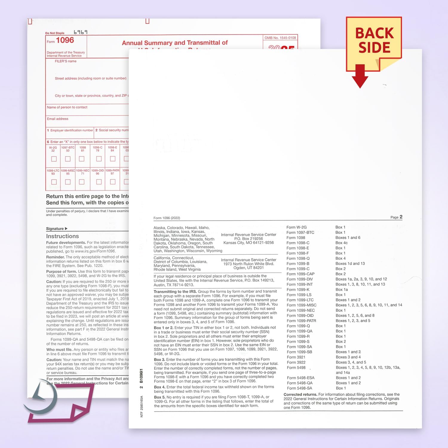 1096 Transmittal 2025 Tax Forms, Pack of 25, for Laser or Inkjet Printers, Quickbooks and Other Accounting Software Compatible