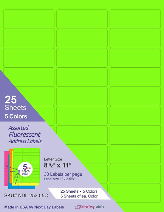 8-1/2" x 11" Assorted Fluorescent 30 Labels per Sheet 1" x 2-5/8"