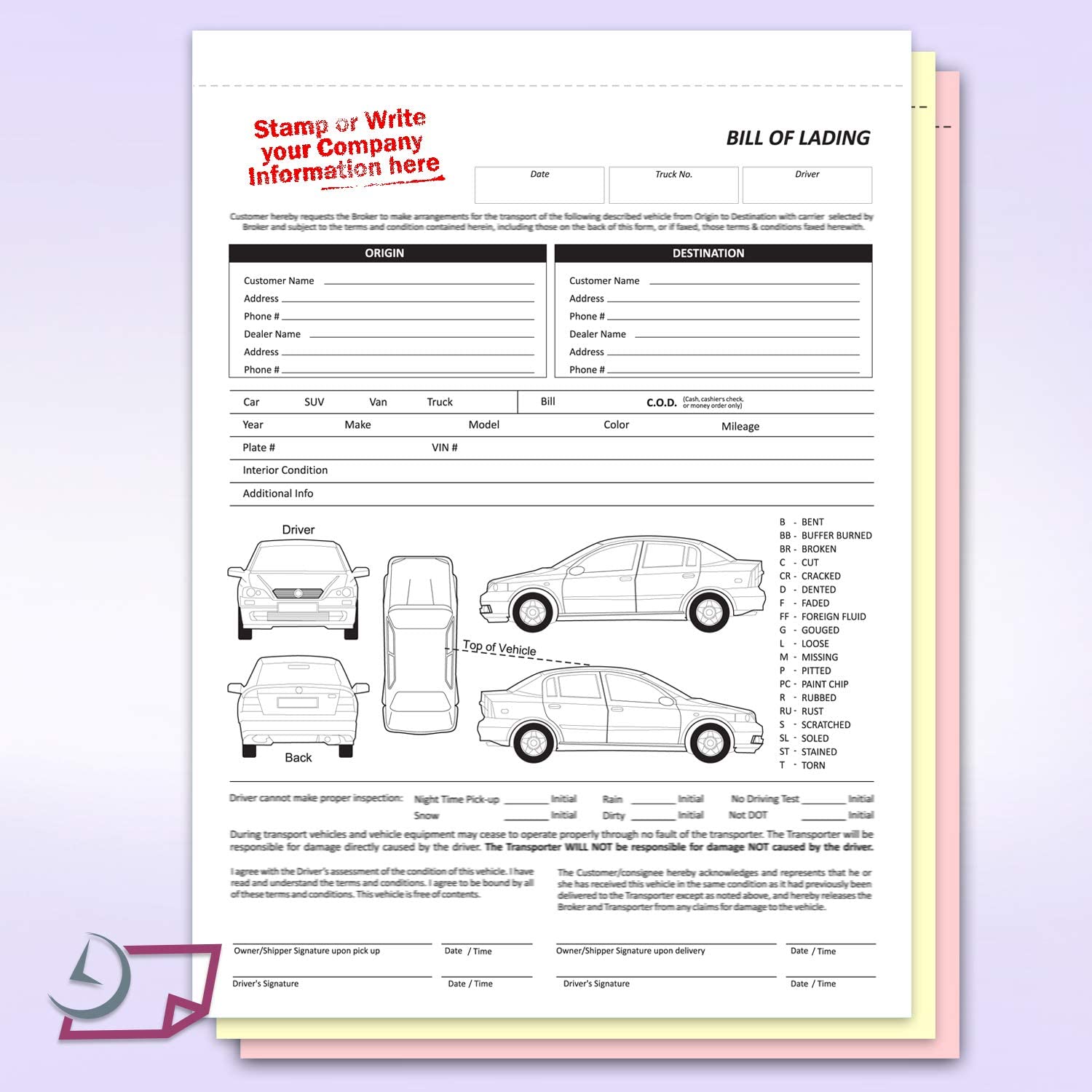 Auto Transport  Bill of Lading with 1 Car , No name Printed