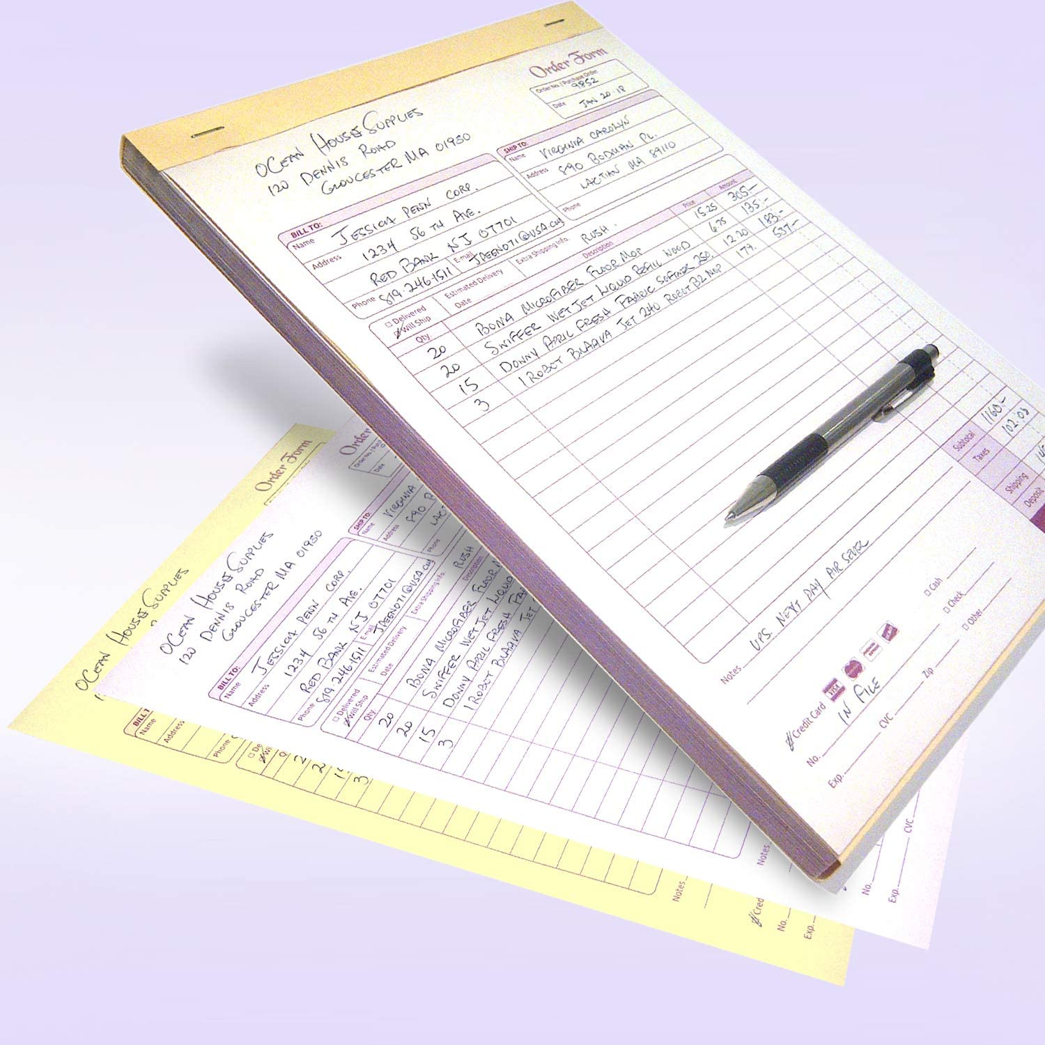 8-1/2 x 11" Carbonless 2 Part Order Forms, Bound Wraparound Cover, White/Canary, 50 Sets per Book.