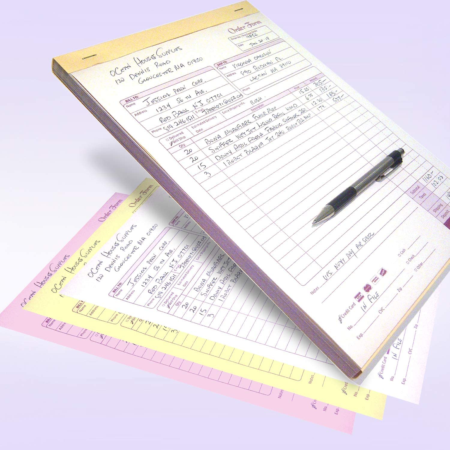 8-1/2 x 11" Carbonless 3 Part Order Forms, Bound Wraparound Cover, White/Canary/Pink, 50 Sets per Book.