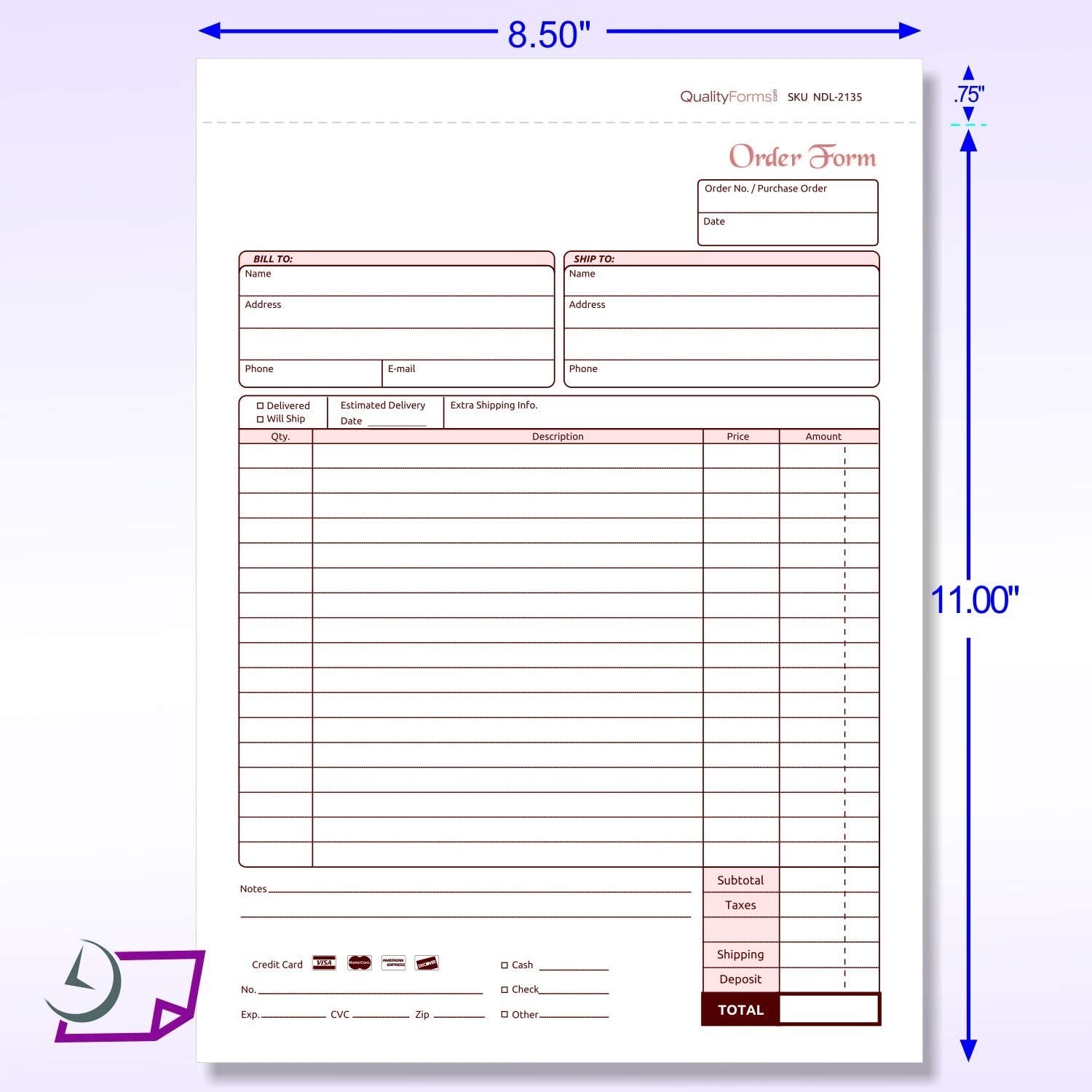 8-1/2 x 11" Order Forms, 2 Part Carbonless, White & Canary