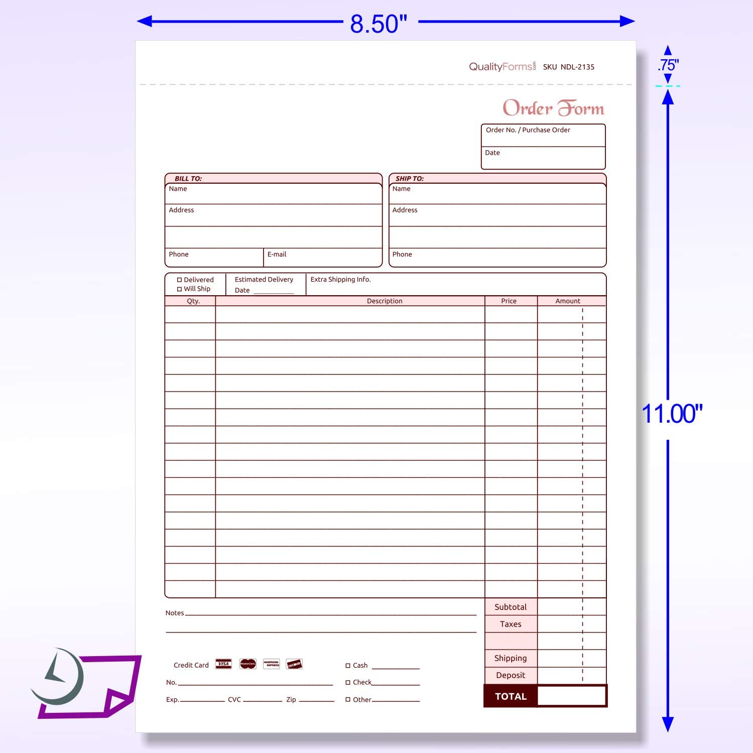 8-1/2 x 11" Carbonless 3 Part Order Forms, Bound Wraparound Cover, White/Canary/Pink, 50 Sets per Book.