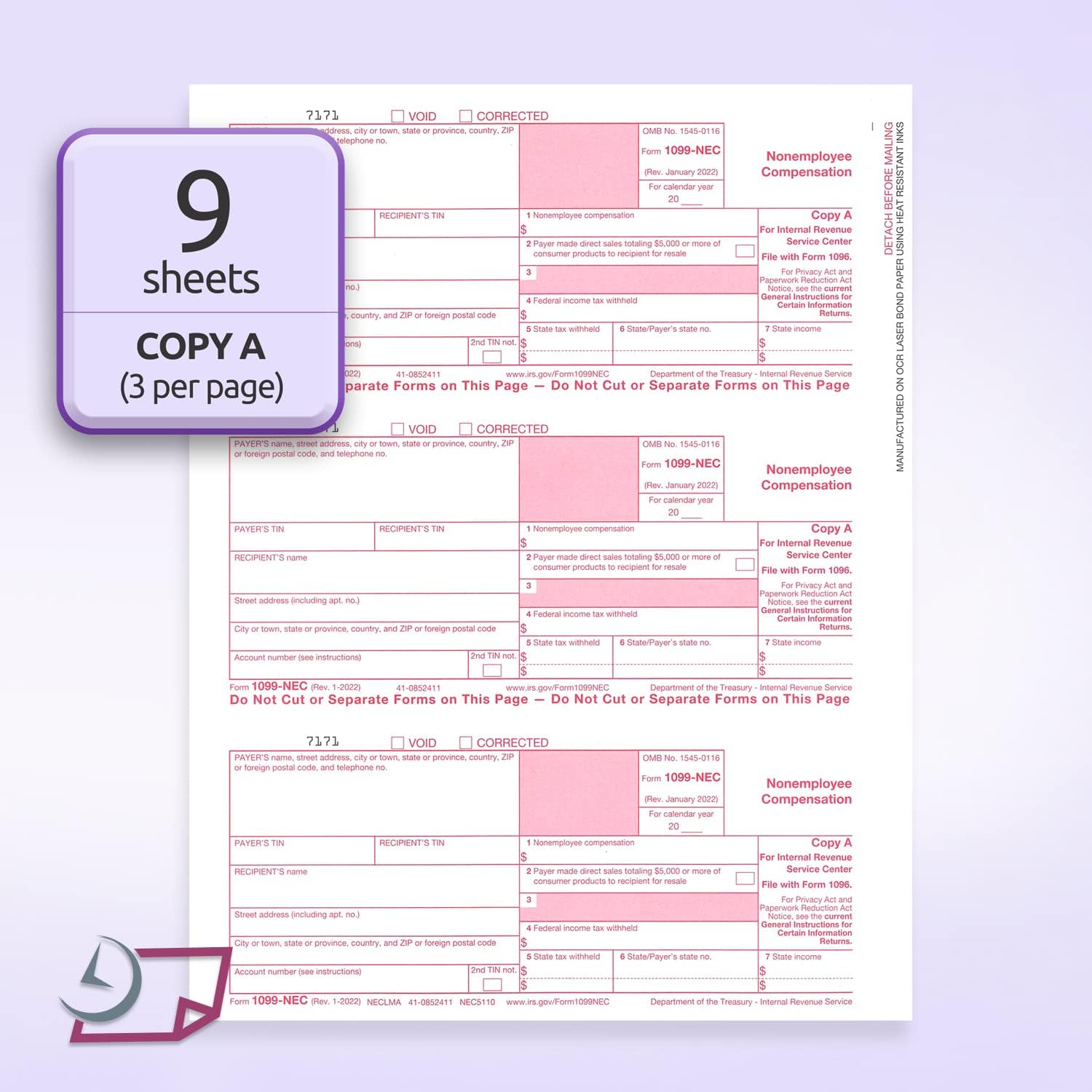 "New" 1099-NEC Forms for 2025, 4-Part  Tax Forms,  vendor kit of 25 Forms & Envelopes.