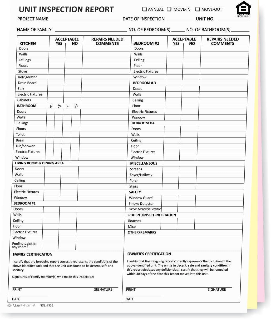 Unit Inspection Report Form 3 part