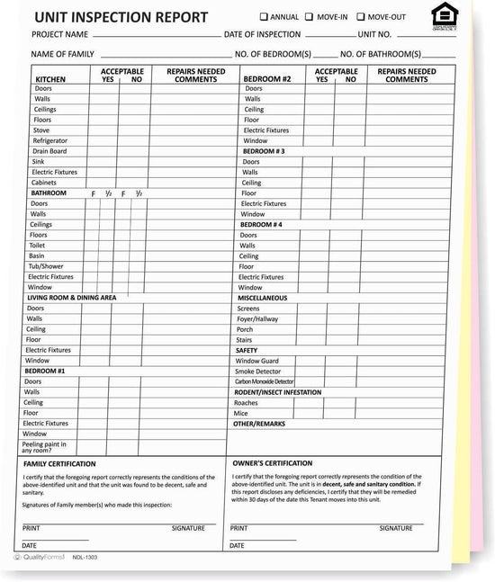 Unit Inspection Report Form 3 part