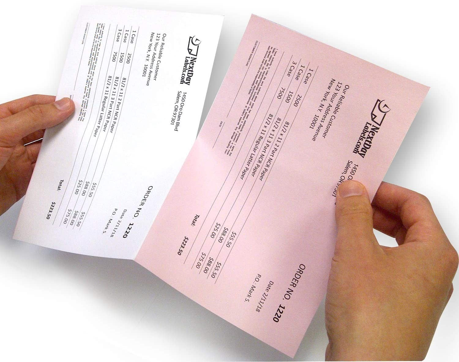 8-1/2 x 11" 20# Laser cut sheet, 1 Horizontal perf at 5-1/2" White & Pink