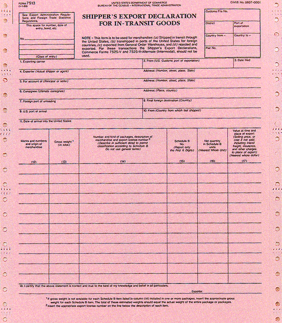 9-1/2 x 11" 6 Part Continuous Shipper's Export Declaration In-Transit Goods