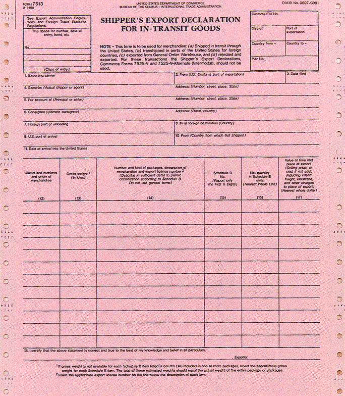 9-1/2 x 11" 6 Part Continuous Shipper's Export Declaration In-Transit Goods