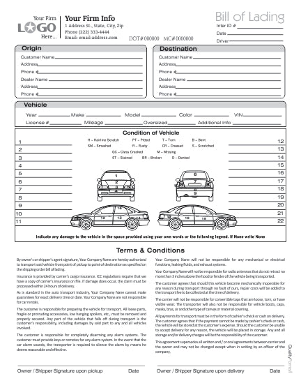 Auto Transport Bill of Lading with 1 Car, Style #3