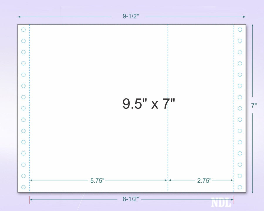 9-1/2 x 7" Continuous Paper, 20# 1 Part White, with Side Perfs and One Extra Vertical Perforation