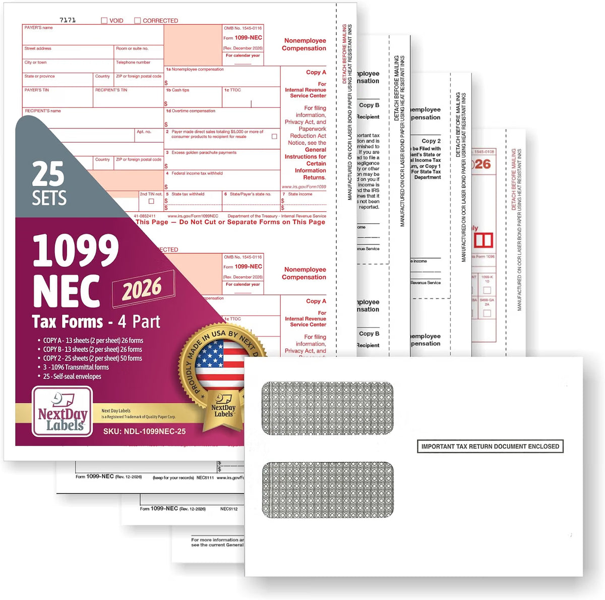 "New" 1099-NEC Forms for 2026, 4-Part  Tax Forms,  vendor kit of 25 Forms & Envelopes.