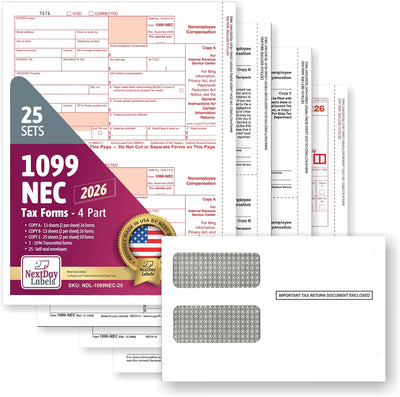 "New" 1099-NEC Forms for 2026, 4-Part  Tax Forms,  vendor kit of 25 Forms & Envelopes.