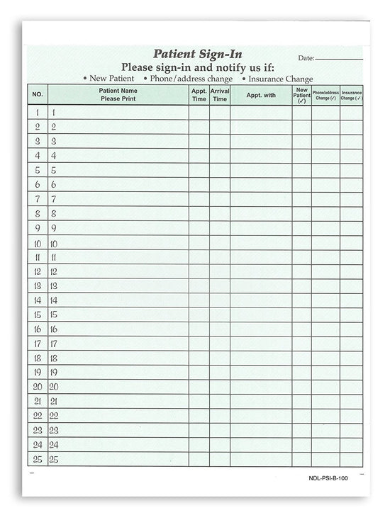 8-1/2 x 11" Patient Sign In Form, 2-Part NCR Carbonless, Green
