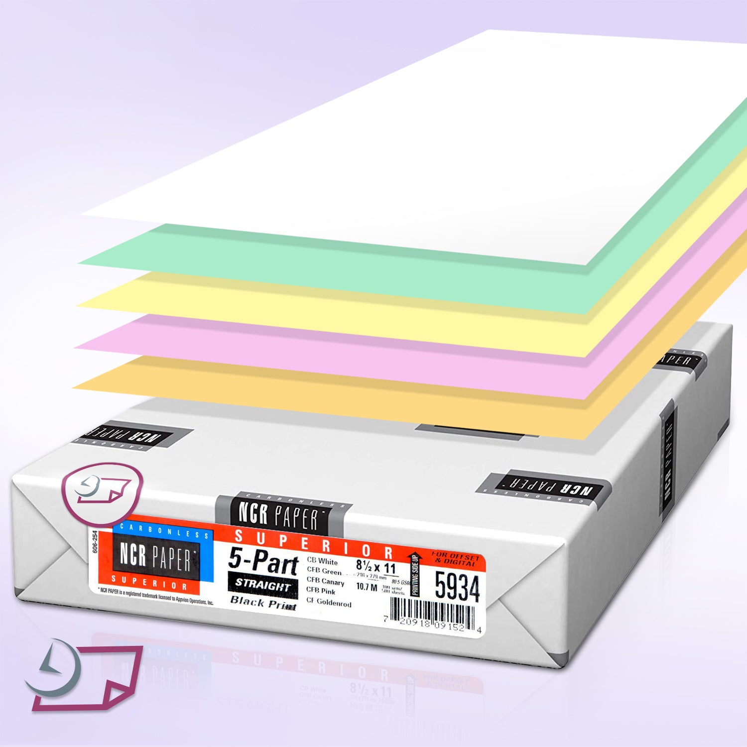 8-1/2 x 11" Laser Carbonless 5 Part Paper, Straight, White, Canary, Pink, Gold & Green