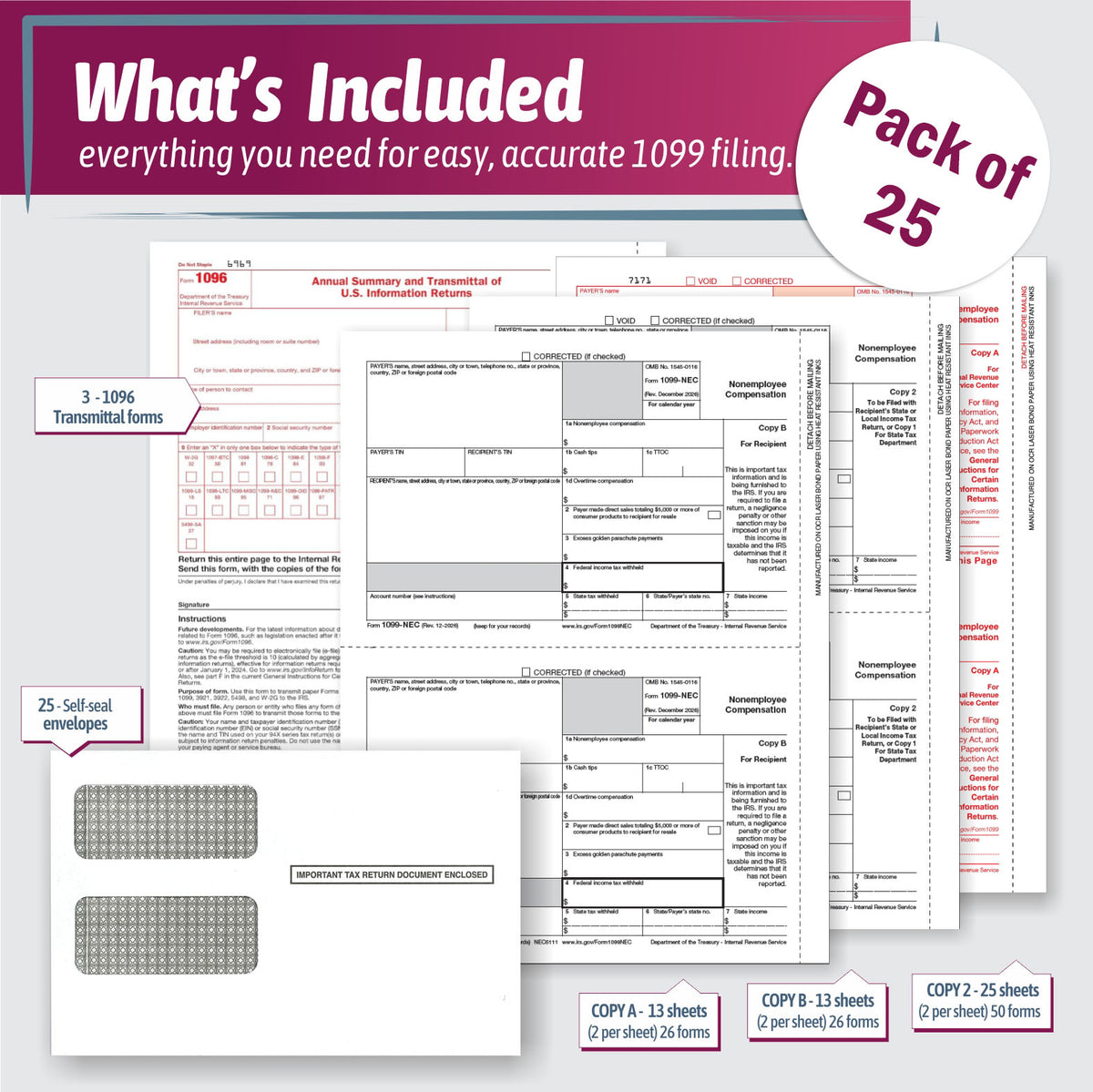 "New" 1099-NEC Forms for 2026, 4-Part  Tax Forms,  vendor kit of 25 Forms & Envelopes.